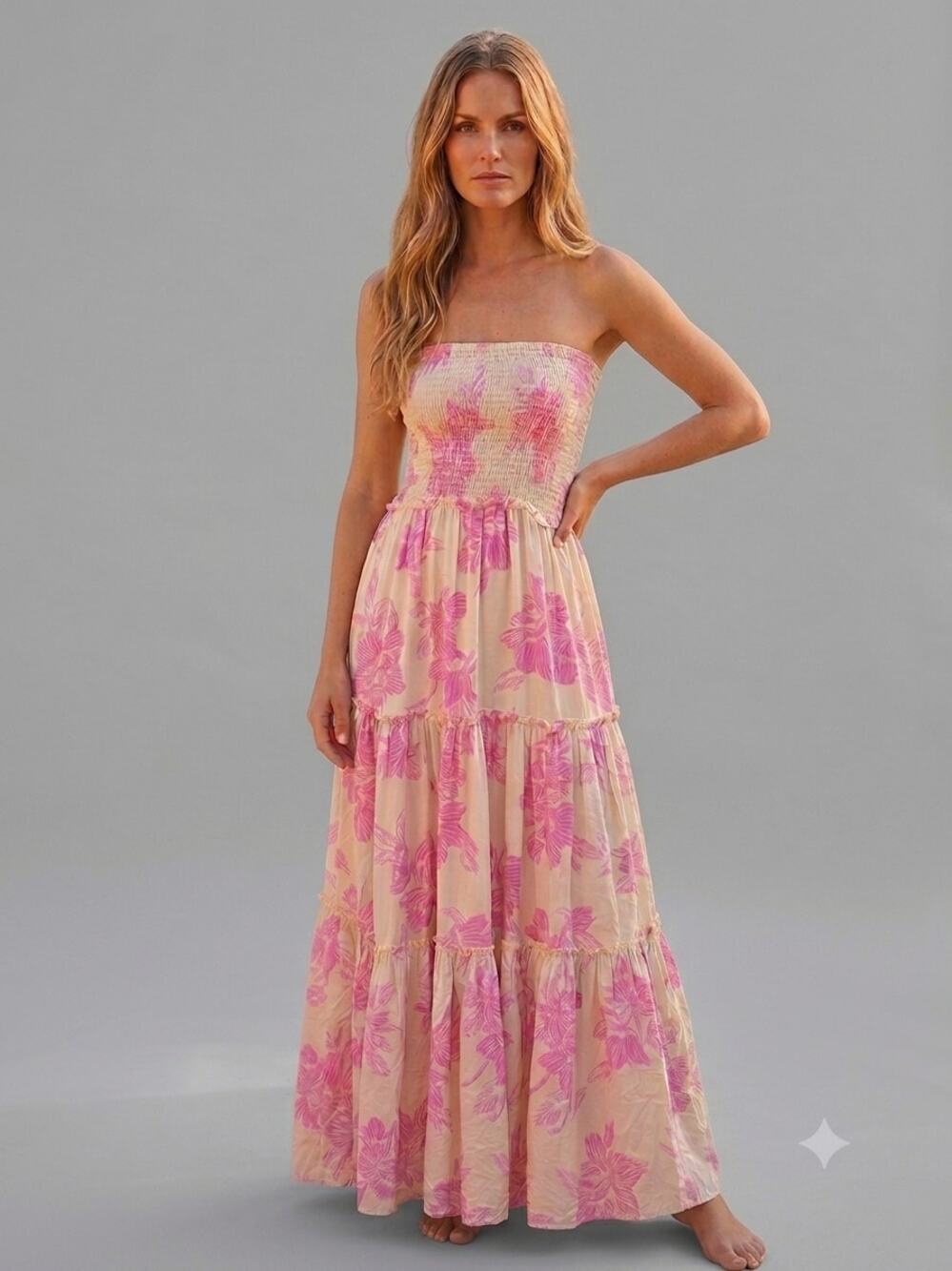 NWT Abel The Label x Anthropologie Floral Strapless Smocked Tiered Dress Size L